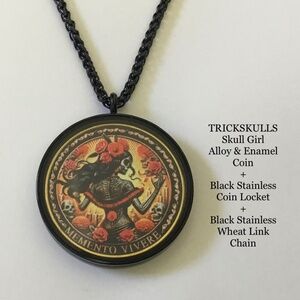 Flower Skull Girl Alloy & Enamel Coin + Black Stainless & Glass Locket + Chain
